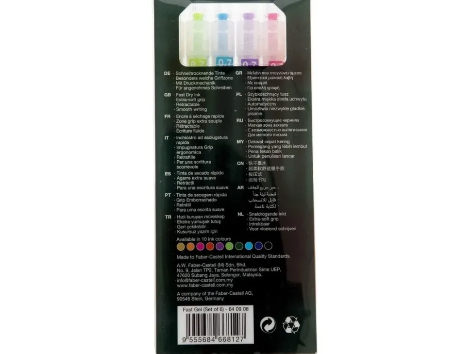 Set 6 bolígrafos Fast Gel Faber-Castell 0.7