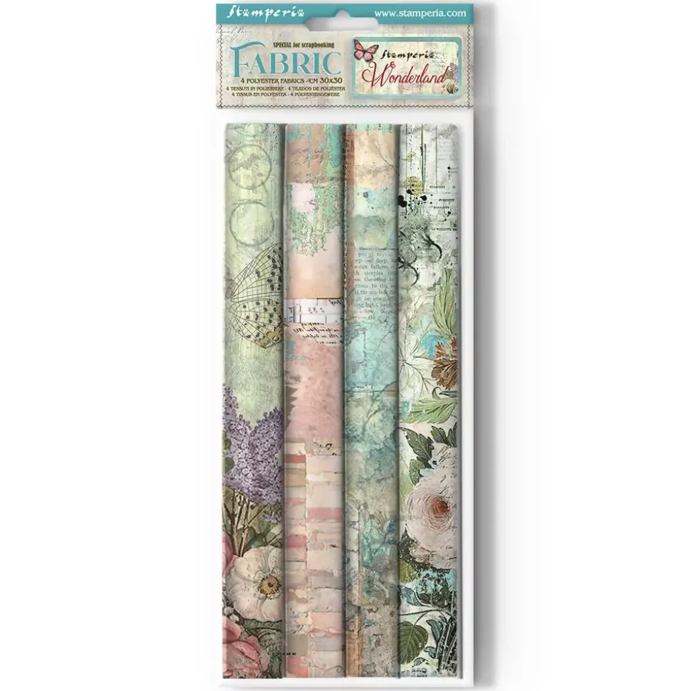 Set 4 hojas de tela Fabric Wonderland Stamperia 30x30cm