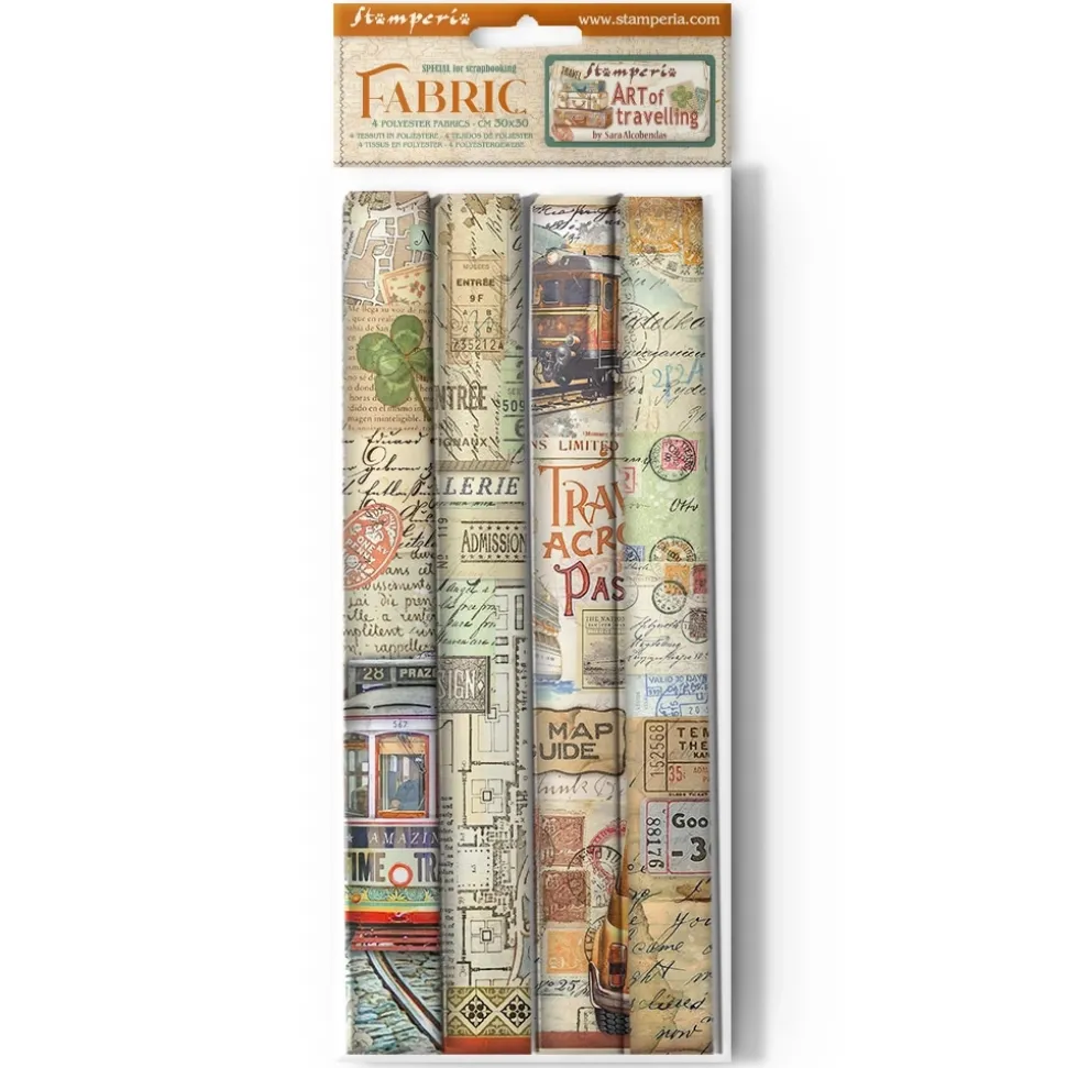 Set 4 hojas de tela Fabric Art of Travelling Stamperia 30x30cm