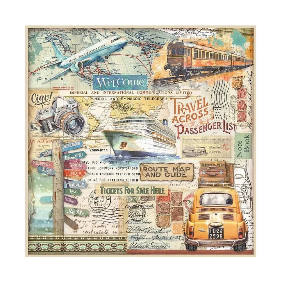 Set 4 hojas de tela Fabric Art of Travelling Stamperia 30x30cm