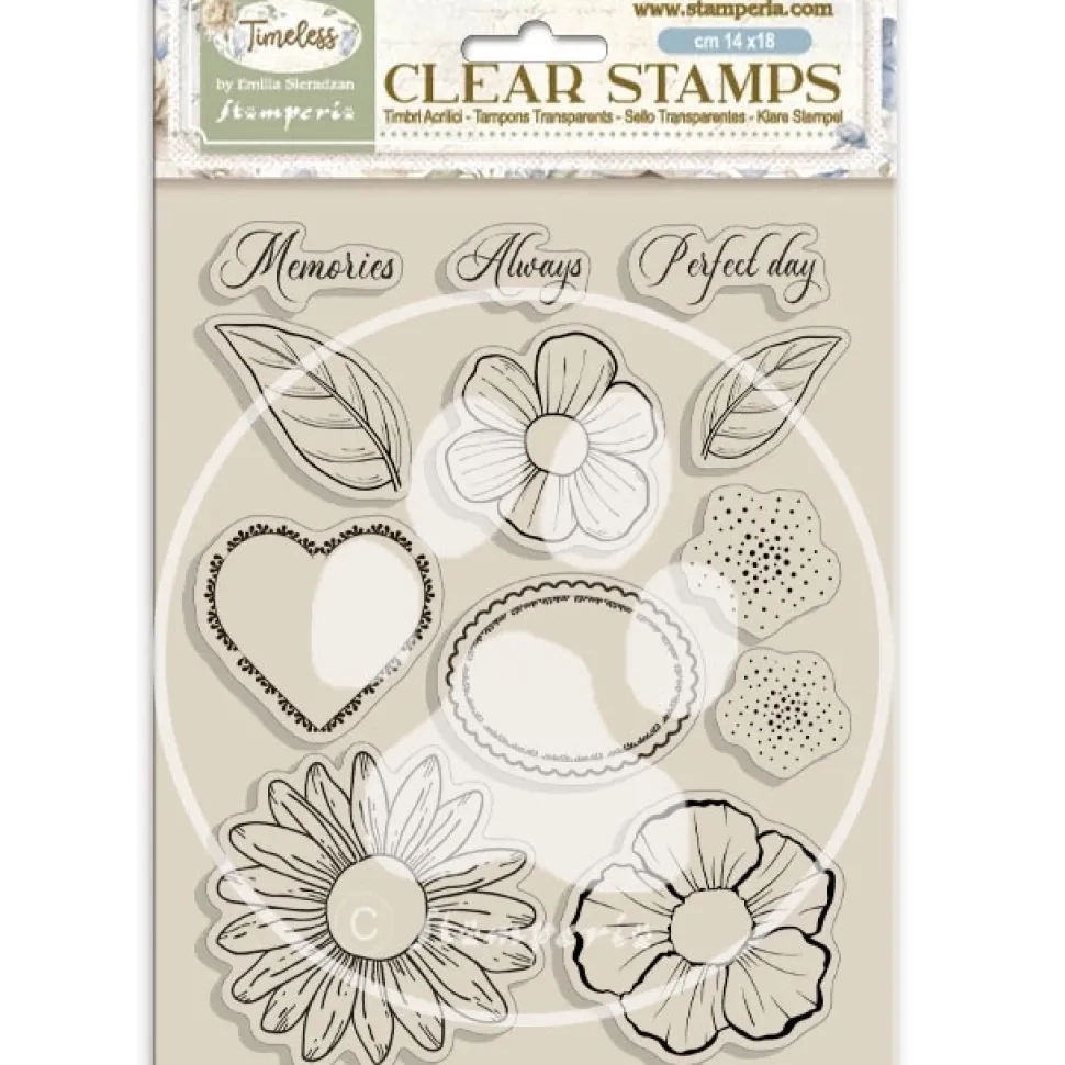 Set de sellos transparentes Flores y Corazones Timeless Stamperia