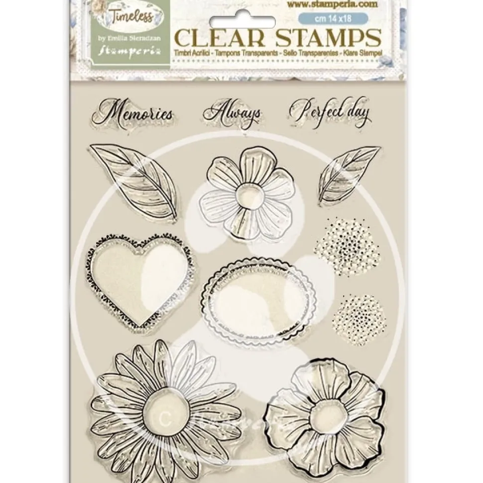 Set de sellos transparentes Flores y Corazones Timeless Stamperia