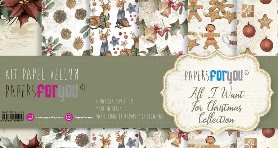 SUPER OFERTA **40%** Kit de Papeles Vellum All I Want For Christmas PapersForYou 30x30cm