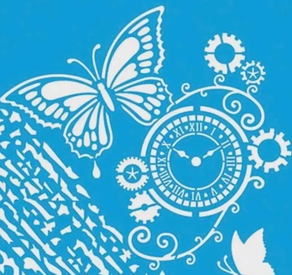 SUPER OFERTA **40%** Plantilla de Stencil Mariposa y Reloj Litoarte 20x20cm