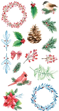 SUPER OFERTA **40%** Stickers transparentes Flores y Aves Christmas Berries Artemio