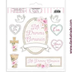 Tela para Scrapbooking y Cartonaje Etiquetas Mi Primera Comunión Rosas Dayka 21x21cm