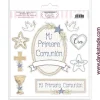 Tela para Scrapbooking y Cartonaje Etiquetas Mi Primera Comunión Azules Dayka 21x21cm