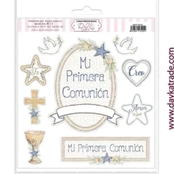Tela para Scrapbooking y Cartonaje Etiquetas Mi Primera Comunión Azules Dayka 21x21cm